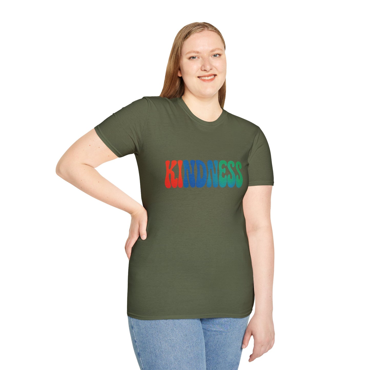 Kindness 💚❤️💙Softstyle T-Shirt, Colorful Graphic Tee, Positive Vibes Shirt, Cute Gift for Friends, Uplifting Fashion Statement