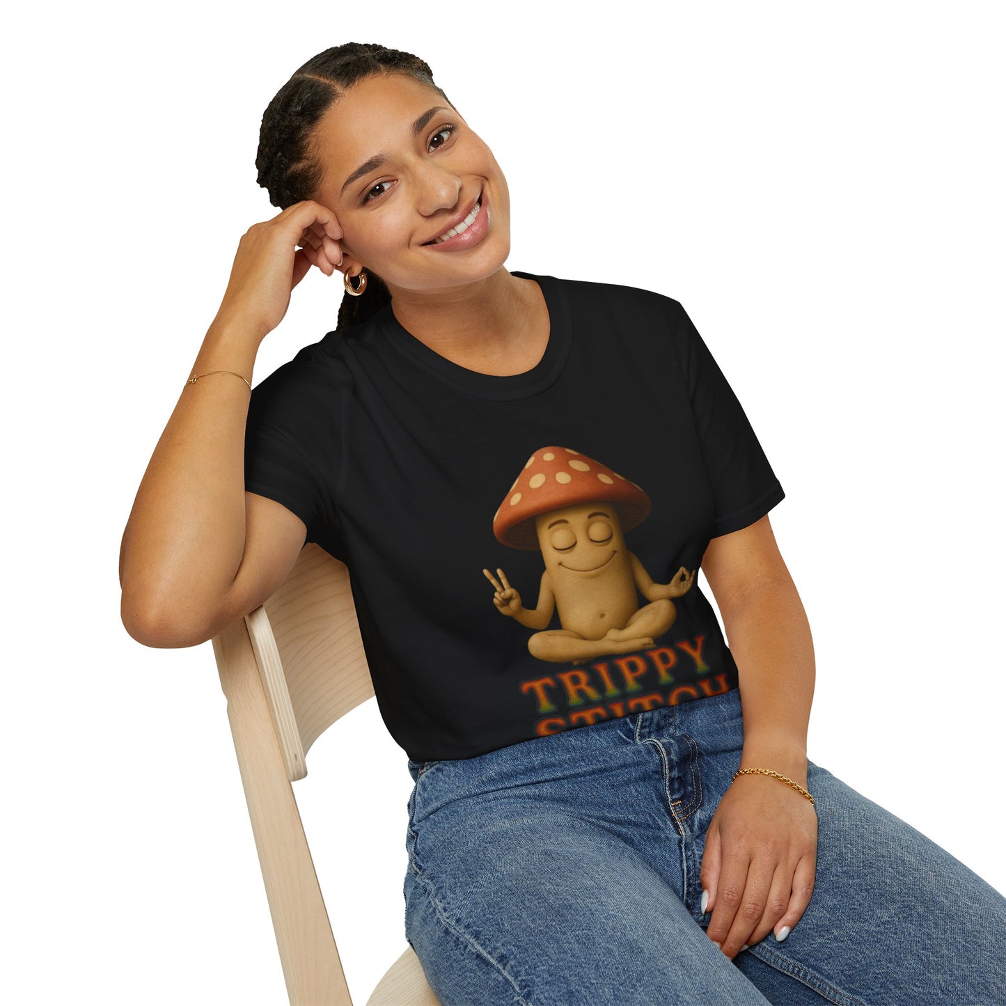 Mani the Mushroom T-Shirt - Unisex Softstyle Tee, Casual Humor Gift, Mindfulness Apparel, Trendy Streetwear, Unique Relaxed Wear