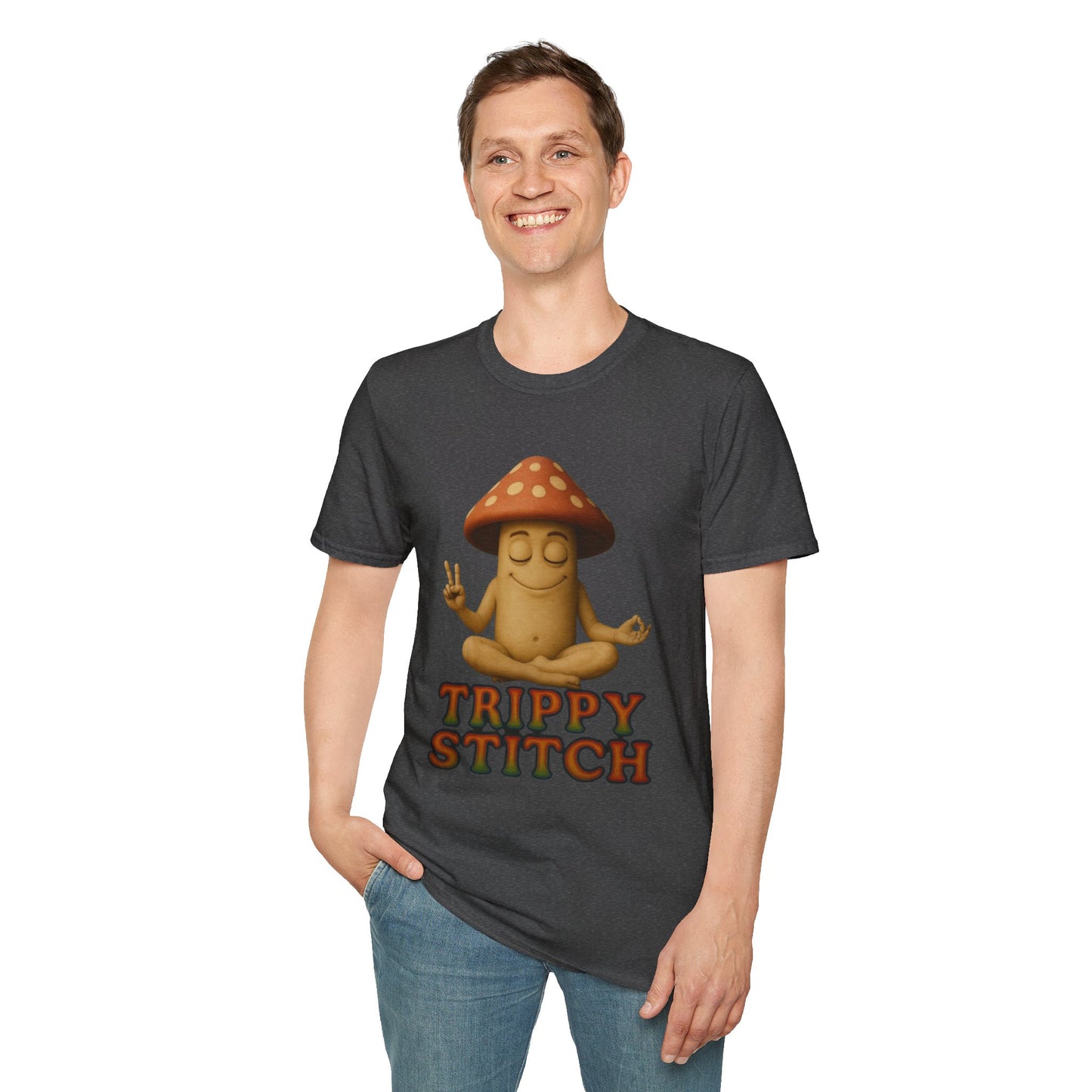 Mani the Mushroom T-Shirt - Unisex Softstyle Tee, Casual Humor Gift, Mindfulness Apparel, Trendy Streetwear, Unique Relaxed Wear