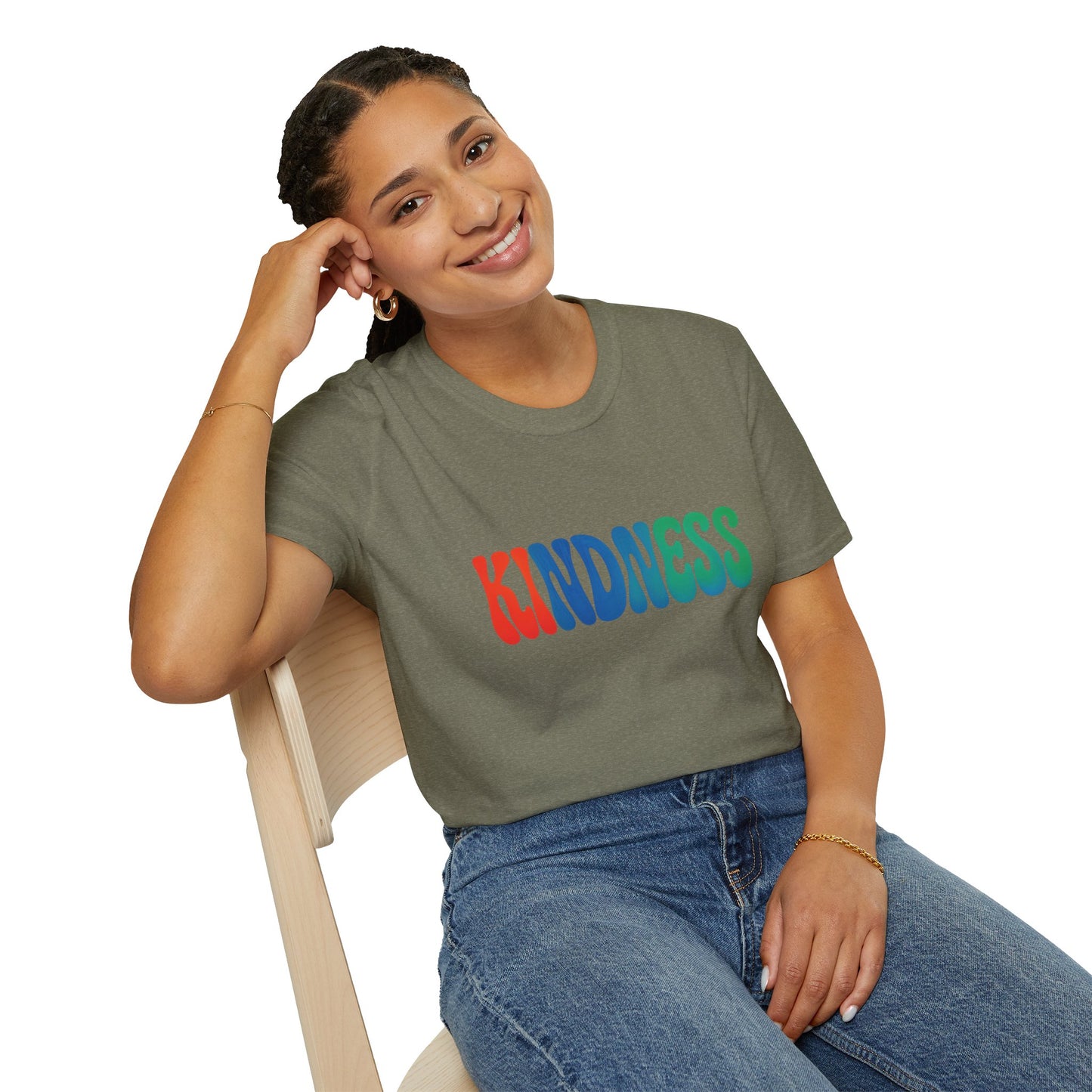 Kindness 💚❤️💙Softstyle T-Shirt, Colorful Graphic Tee, Positive Vibes Shirt, Cute Gift for Friends, Uplifting Fashion Statement