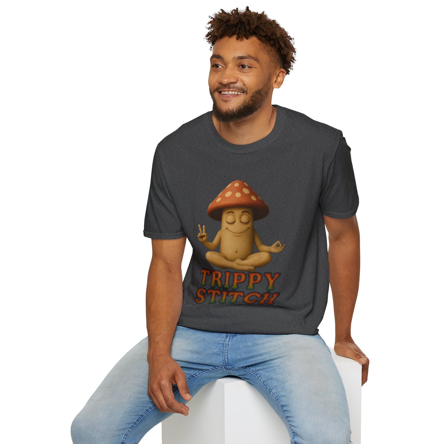 Mani the Mushroom T-Shirt - Unisex Softstyle Tee, Casual Humor Gift, Mindfulness Apparel, Trendy Streetwear, Unique Relaxed Wear