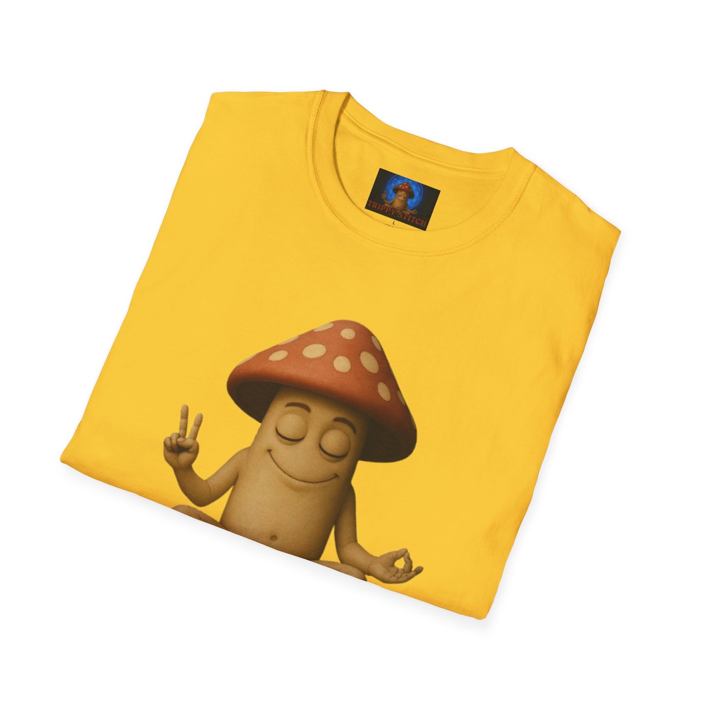 Mani the Mushroom T-Shirt - Unisex Softstyle Tee, Casual Humor Gift, Mindfulness Apparel, Trendy Streetwear, Unique Relaxed Wear