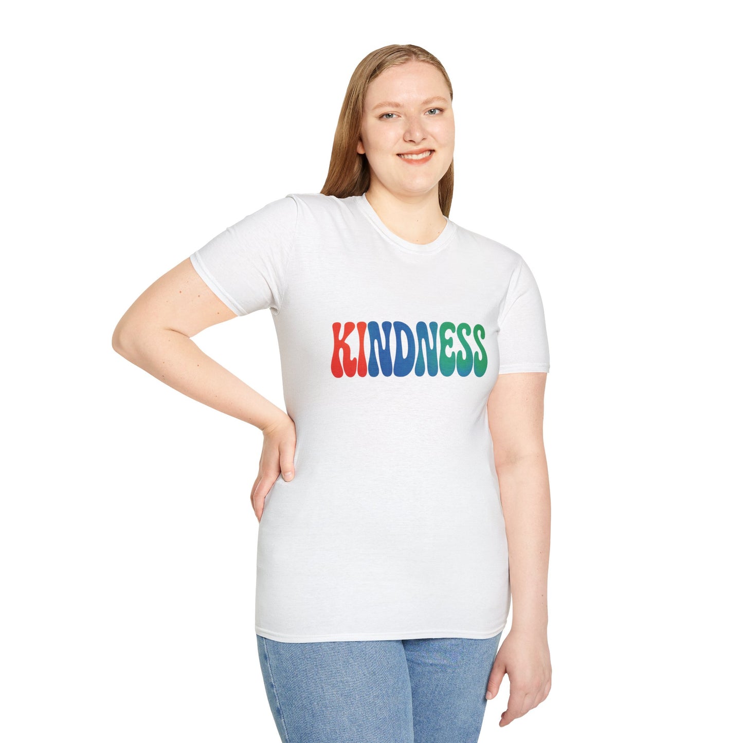 Kindness 💚❤️💙Softstyle T-Shirt, Colorful Graphic Tee, Positive Vibes Shirt, Cute Gift for Friends, Uplifting Fashion Statement