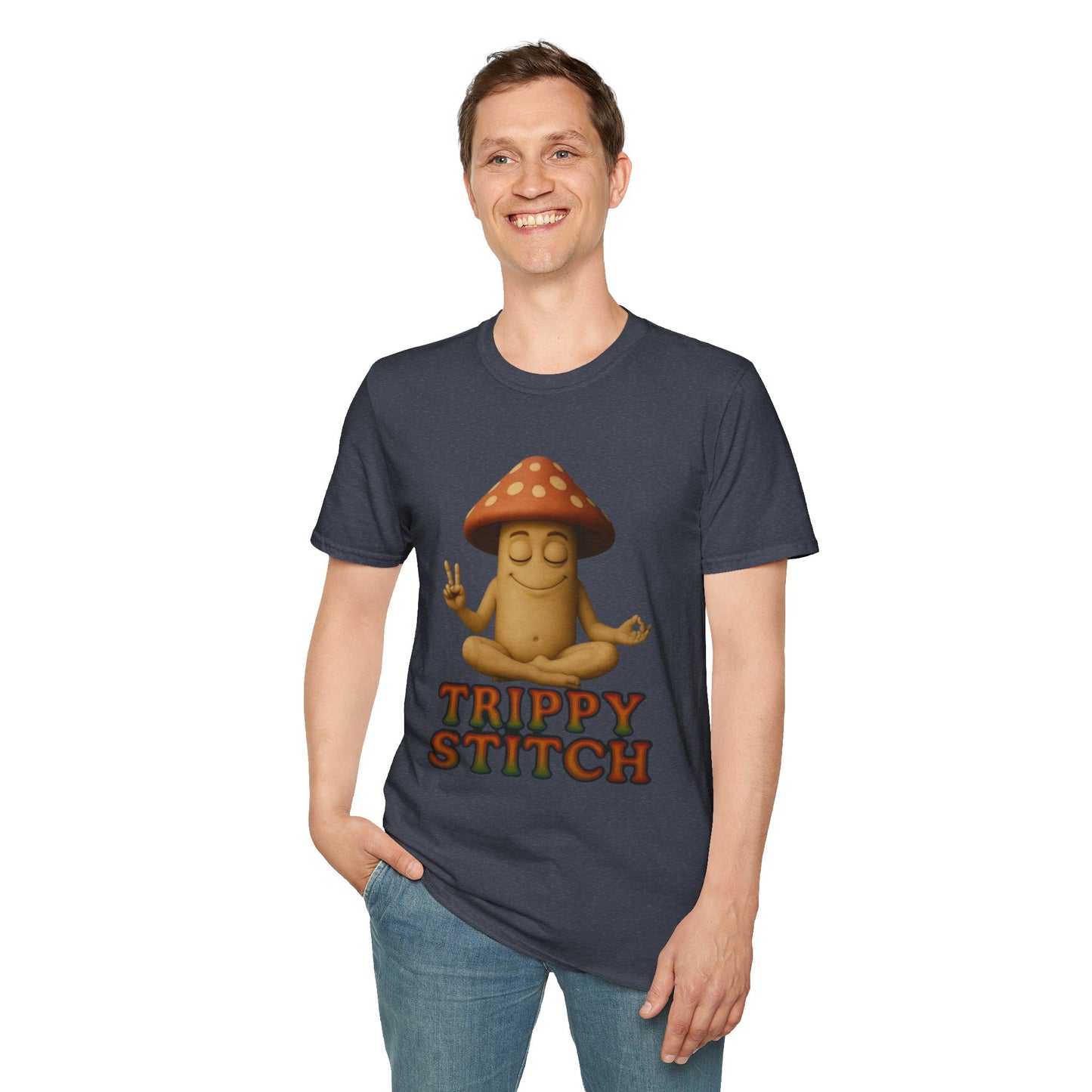 Mani the Mushroom T-Shirt - Unisex Softstyle Tee, Casual Humor Gift, Mindfulness Apparel, Trendy Streetwear, Unique Relaxed Wear