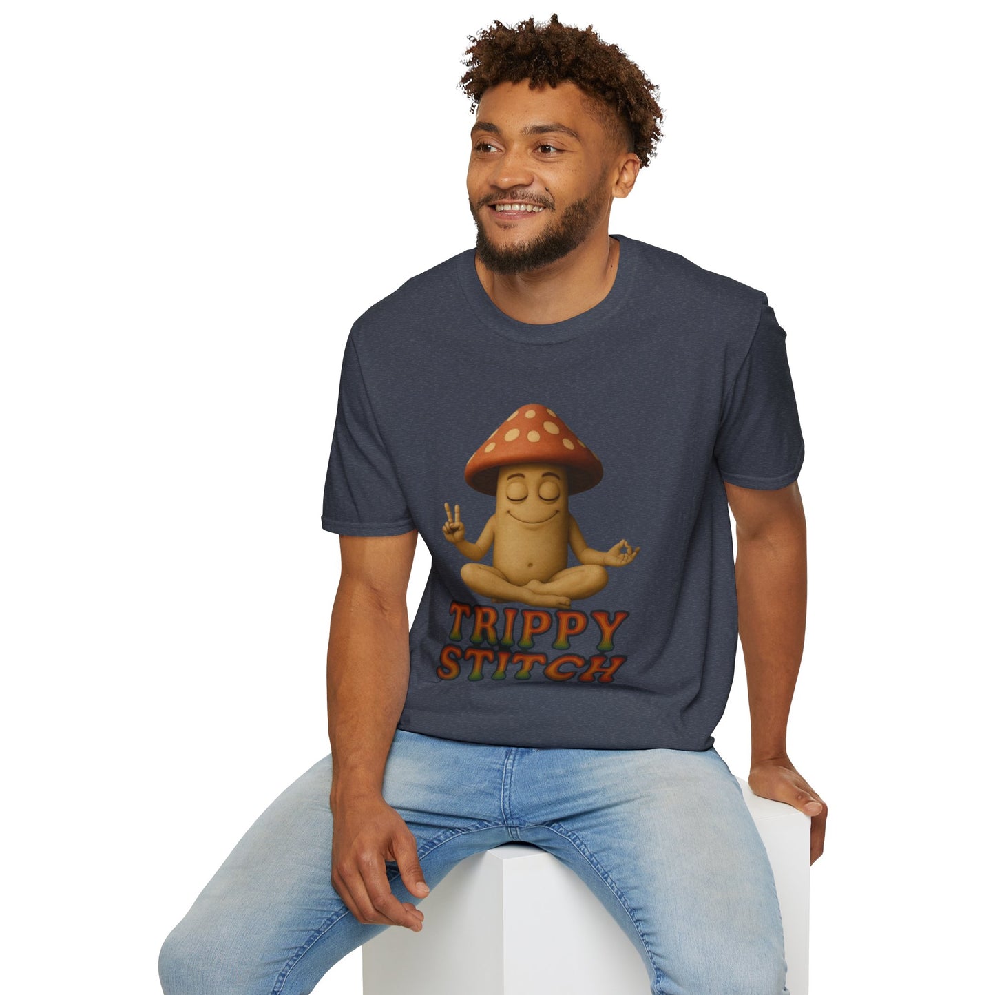 Mani the Mushroom T-Shirt - Unisex Softstyle Tee, Casual Humor Gift, Mindfulness Apparel, Trendy Streetwear, Unique Relaxed Wear