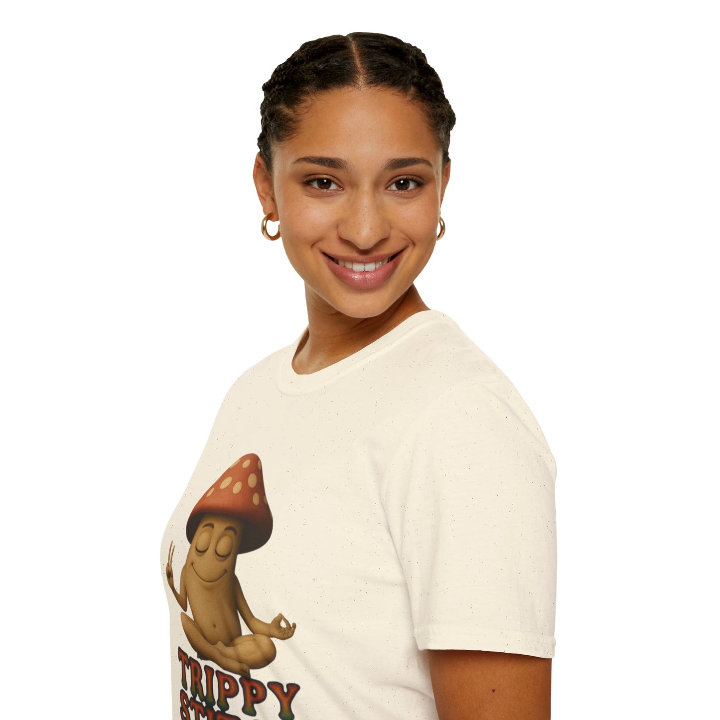 Mani the Mushroom T-Shirt - Unisex Softstyle Tee, Casual Humor Gift, Mindfulness Apparel, Trendy Streetwear, Unique Relaxed Wear
