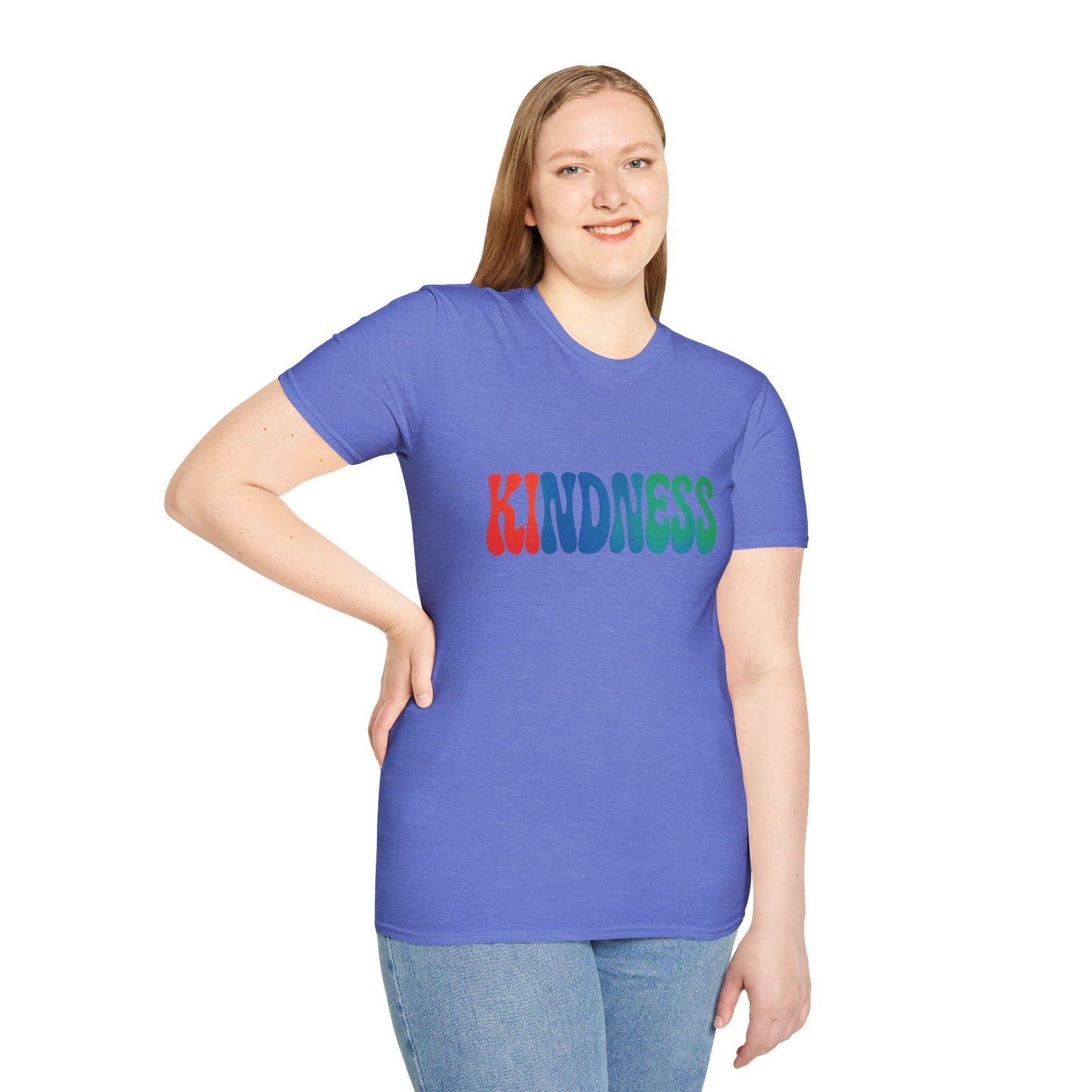 Kindness 💚❤️💙Softstyle T-Shirt, Colorful Graphic Tee, Positive Vibes Shirt, Cute Gift for Friends, Uplifting Fashion Statement