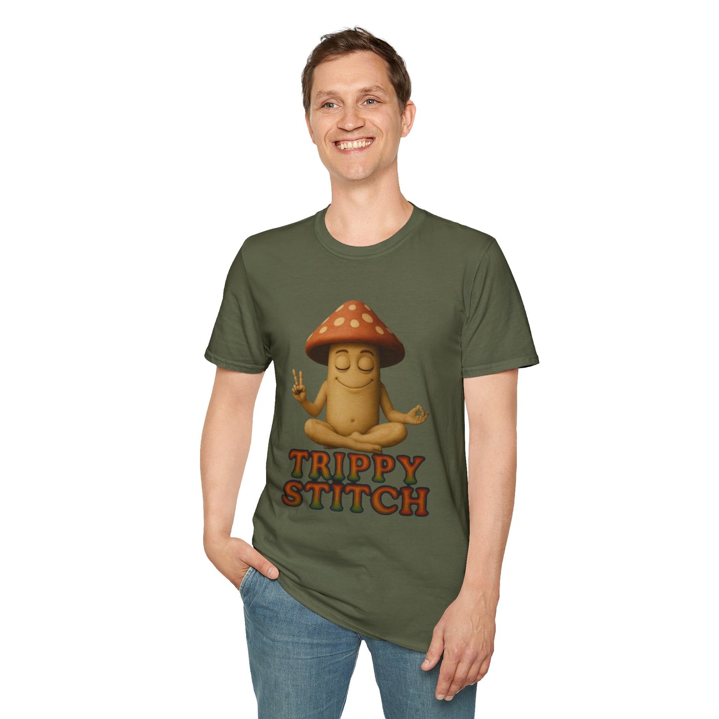 Mani the Mushroom T-Shirt - Unisex Softstyle Tee, Casual Humor Gift, Mindfulness Apparel, Trendy Streetwear, Unique Relaxed Wear