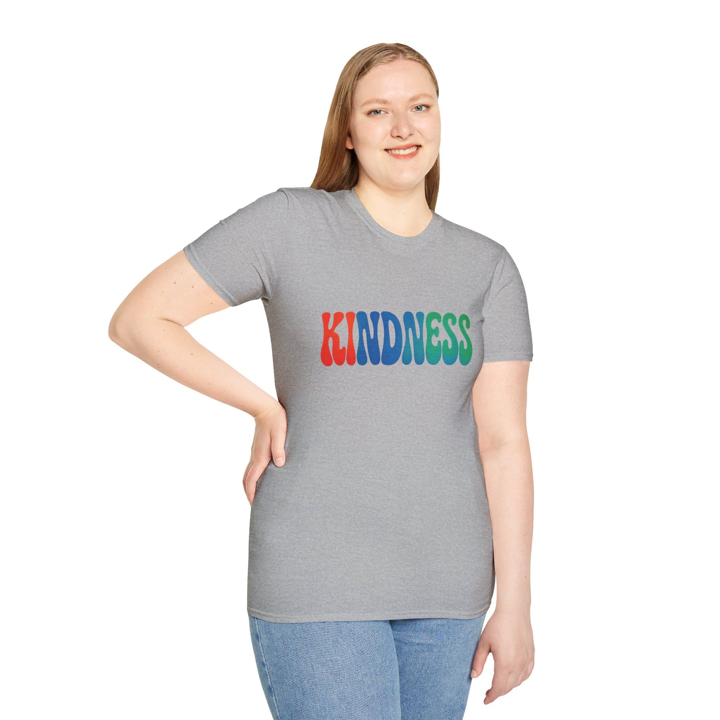 Kindness 💚❤️💙Softstyle T-Shirt, Colorful Graphic Tee, Positive Vibes Shirt, Cute Gift for Friends, Uplifting Fashion Statement