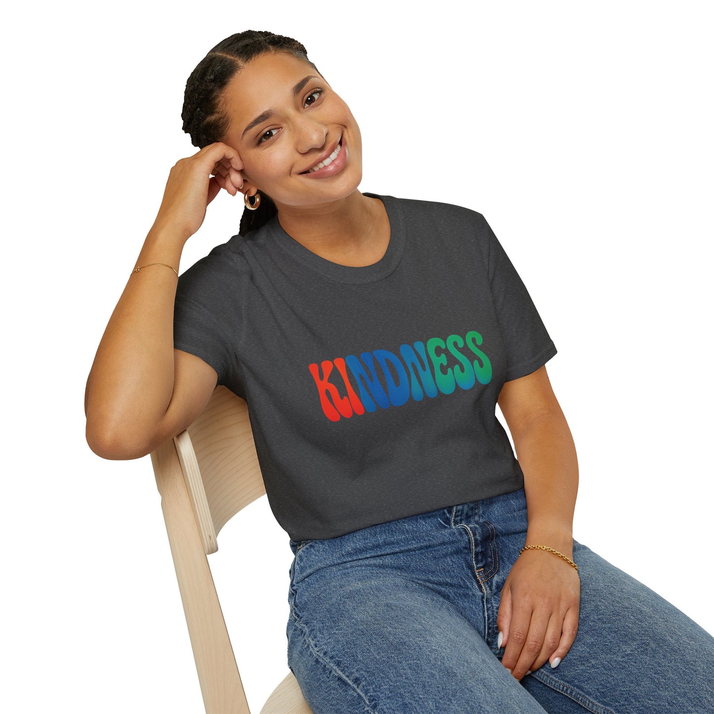Kindness 💚❤️💙Softstyle T-Shirt, Colorful Graphic Tee, Positive Vibes Shirt, Cute Gift for Friends, Uplifting Fashion Statement