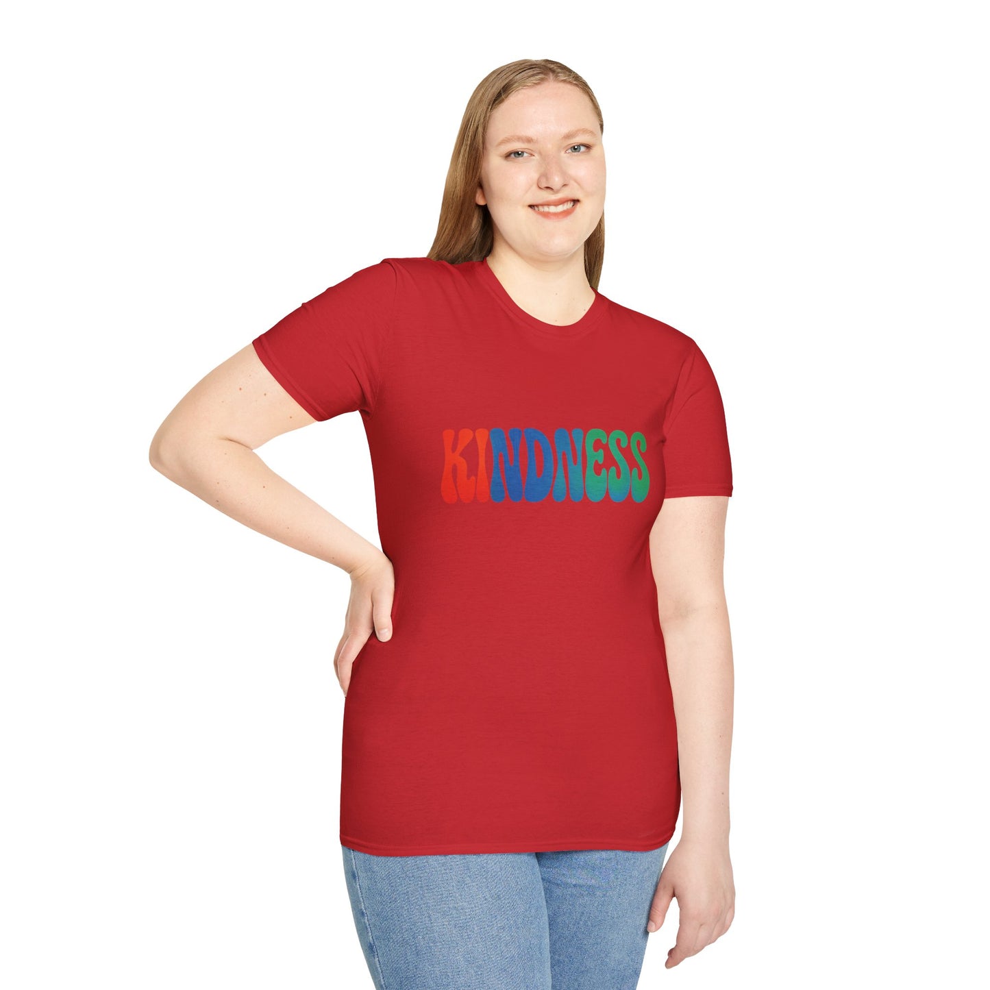 Kindness 💚❤️💙Softstyle T-Shirt, Colorful Graphic Tee, Positive Vibes Shirt, Cute Gift for Friends, Uplifting Fashion Statement