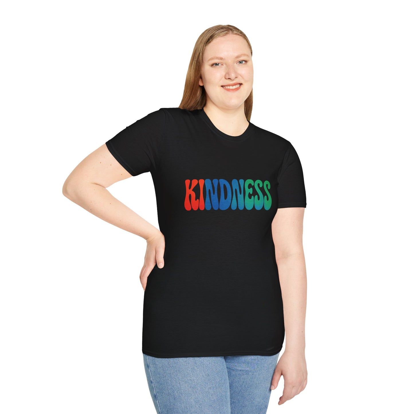 Kindness 💚❤️💙Softstyle T-Shirt, Colorful Graphic Tee, Positive Vibes Shirt, Cute Gift for Friends, Uplifting Fashion Statement
