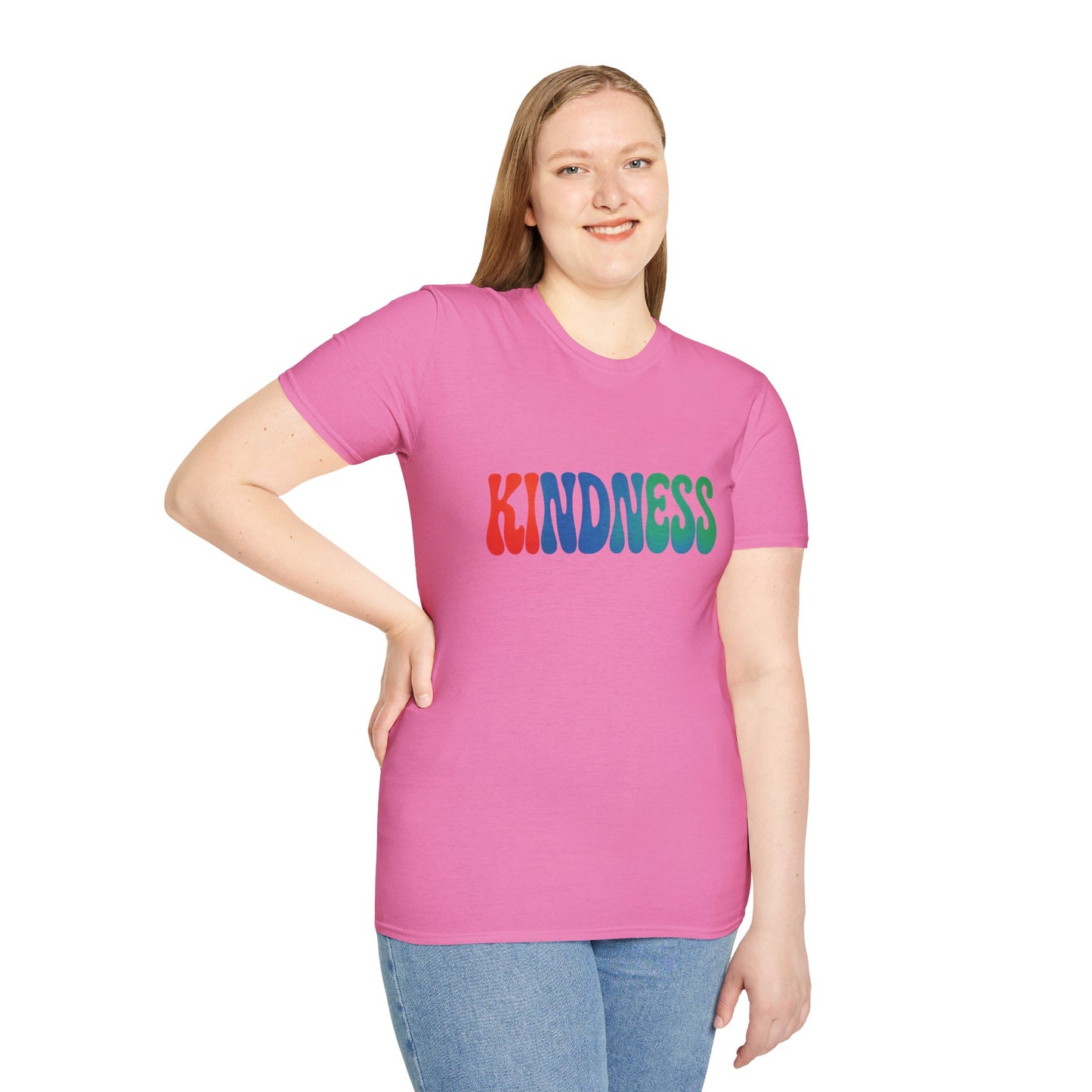 Kindness 💚❤️💙Softstyle T-Shirt, Colorful Graphic Tee, Positive Vibes Shirt, Cute Gift for Friends, Uplifting Fashion Statement