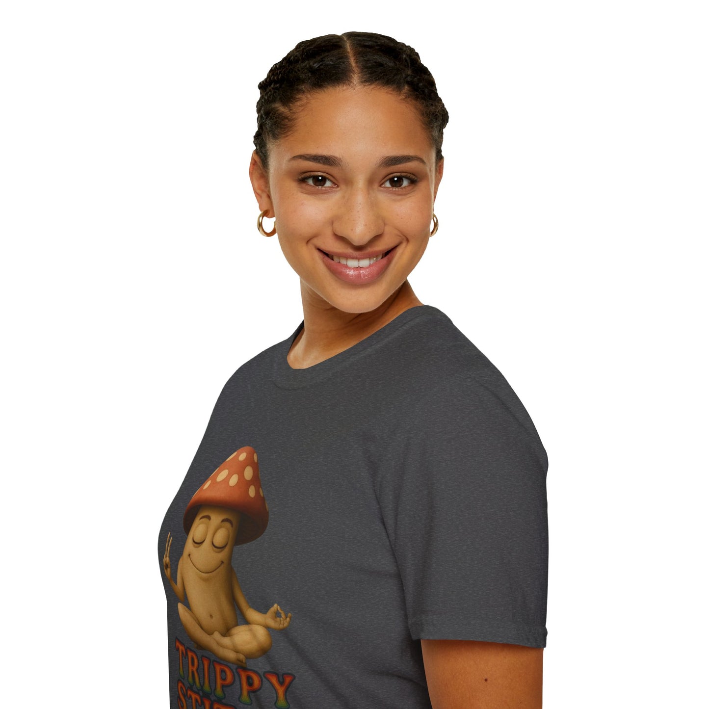 Mani the Mushroom T-Shirt - Unisex Softstyle Tee, Casual Humor Gift, Mindfulness Apparel, Trendy Streetwear, Unique Relaxed Wear