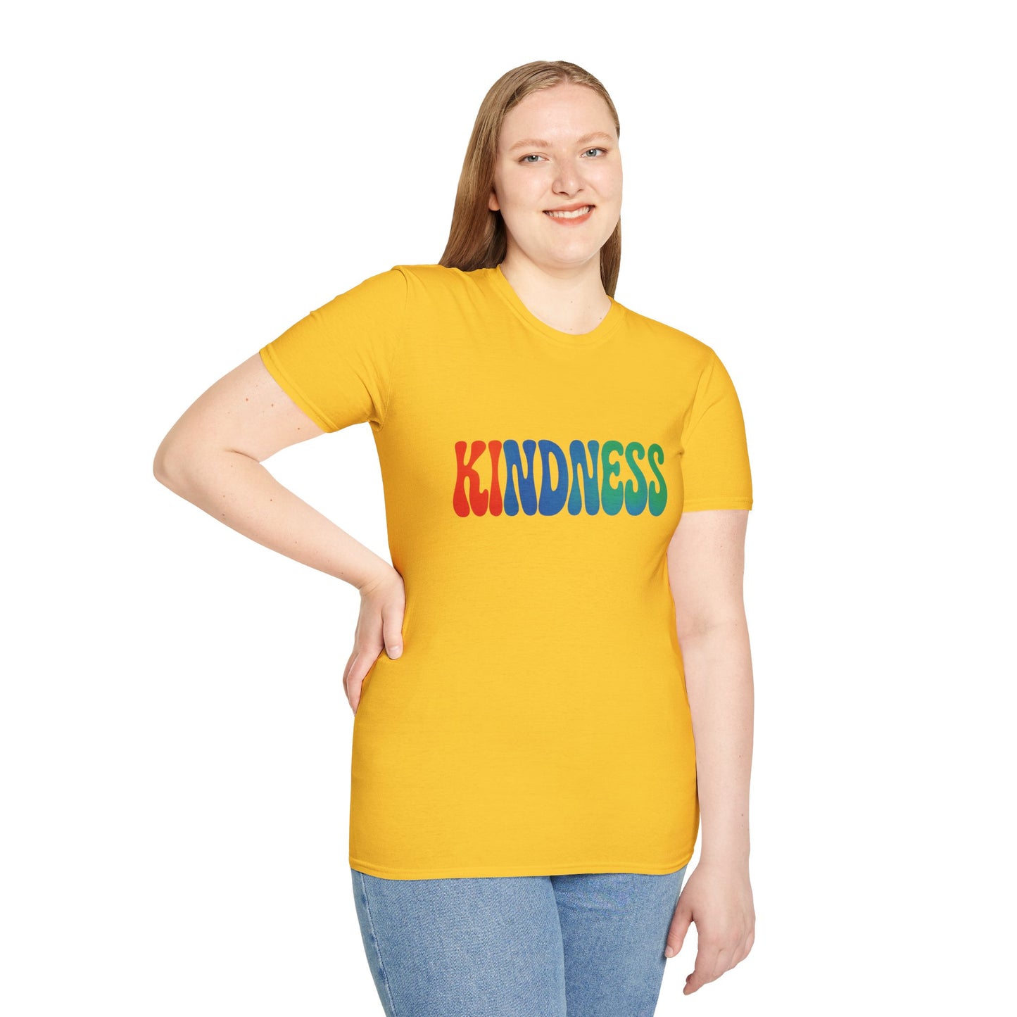 Kindness 💚❤️💙Softstyle T-Shirt, Colorful Graphic Tee, Positive Vibes Shirt, Cute Gift for Friends, Uplifting Fashion Statement