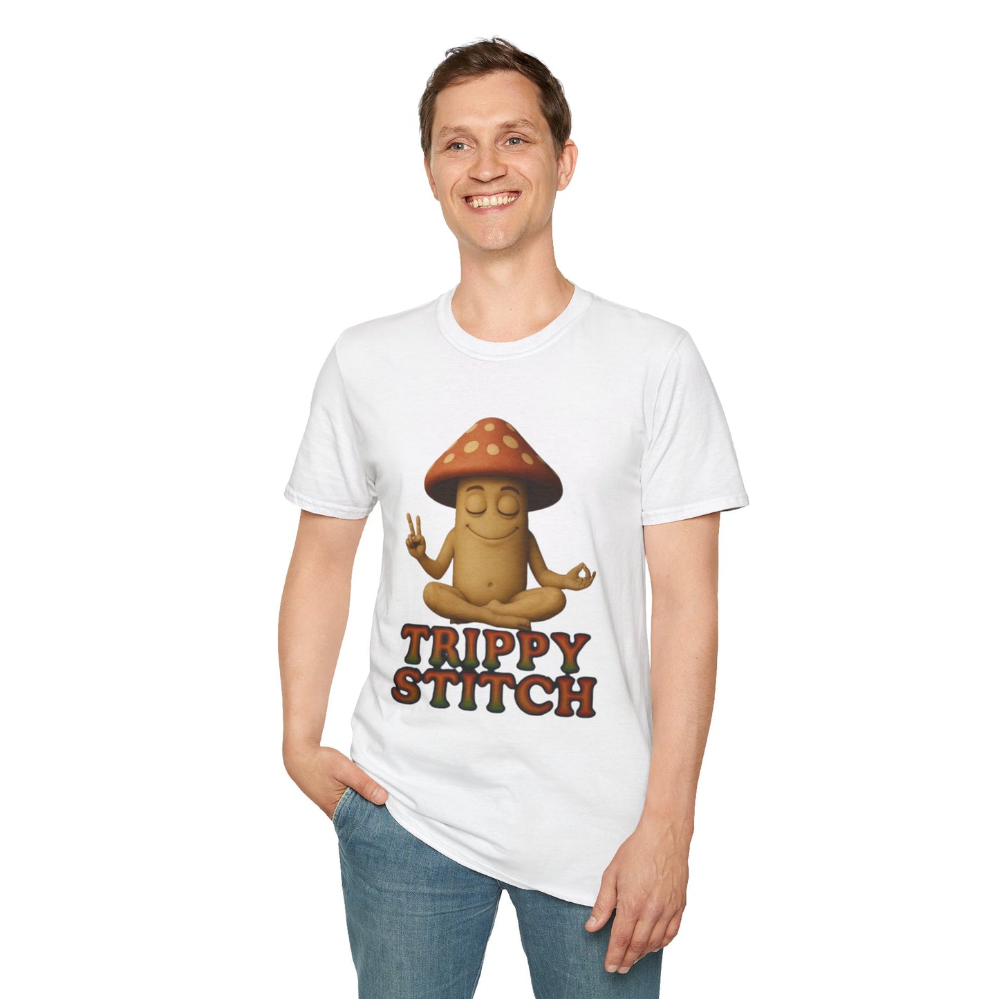 Mani the Mushroom T-Shirt - Unisex Softstyle Tee, Casual Humor Gift, Mindfulness Apparel, Trendy Streetwear, Unique Relaxed Wear