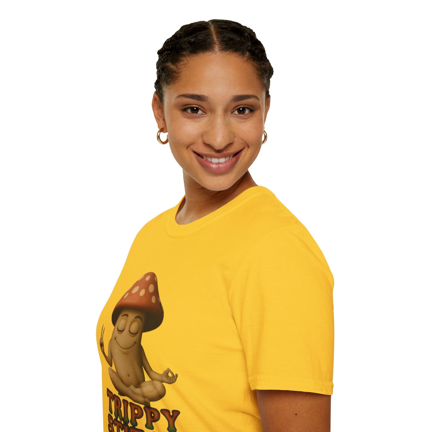 Mani the Mushroom T-Shirt - Unisex Softstyle Tee, Casual Humor Gift, Mindfulness Apparel, Trendy Streetwear, Unique Relaxed Wear