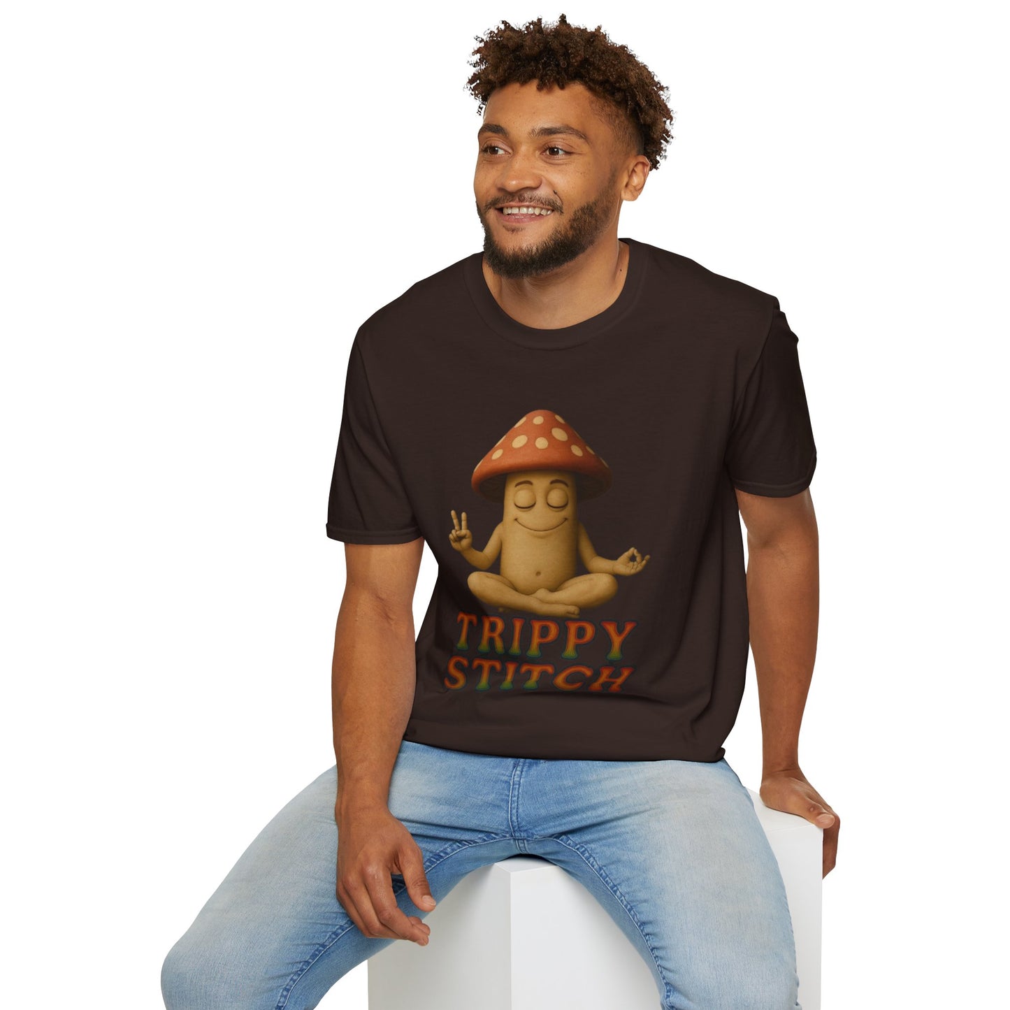 Mani the Mushroom T-Shirt - Unisex Softstyle Tee, Casual Humor Gift, Mindfulness Apparel, Trendy Streetwear, Unique Relaxed Wear