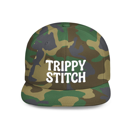Trippy Stitch ALL WHITE FONT Flat Bill Snapback