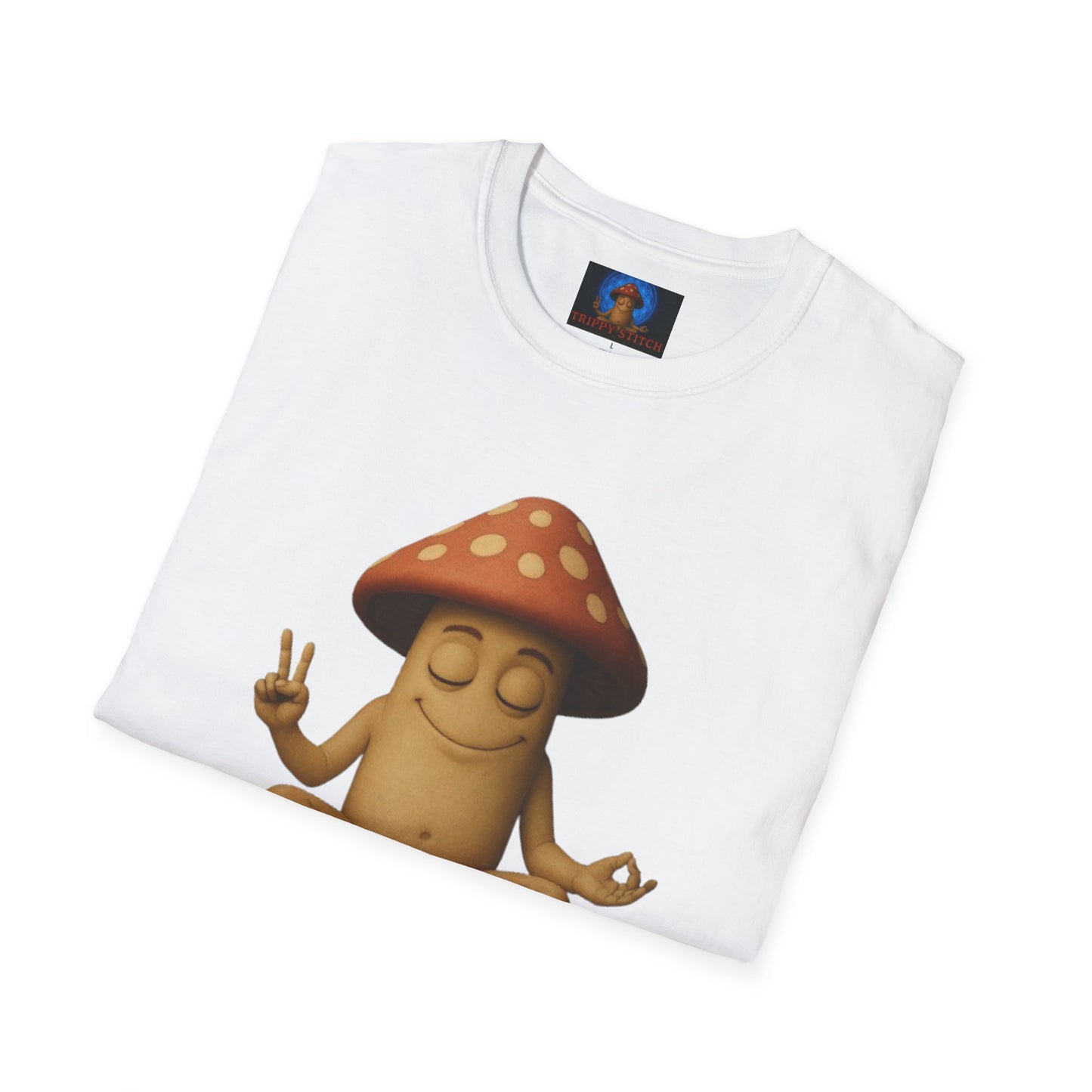 Mani the Mushroom T-Shirt - Unisex Softstyle Tee, Casual Humor Gift, Mindfulness Apparel, Trendy Streetwear, Unique Relaxed Wear