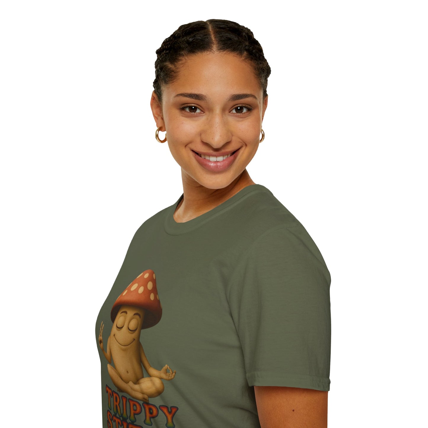 Mani the Mushroom T-Shirt - Unisex Softstyle Tee, Casual Humor Gift, Mindfulness Apparel, Trendy Streetwear, Unique Relaxed Wear