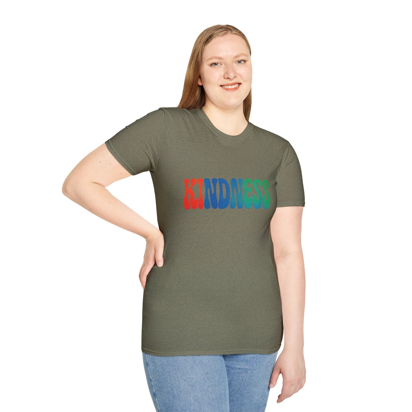 Kindness 💚❤️💙Softstyle T-Shirt, Colorful Graphic Tee, Positive Vibes Shirt, Cute Gift for Friends, Uplifting Fashion Statement