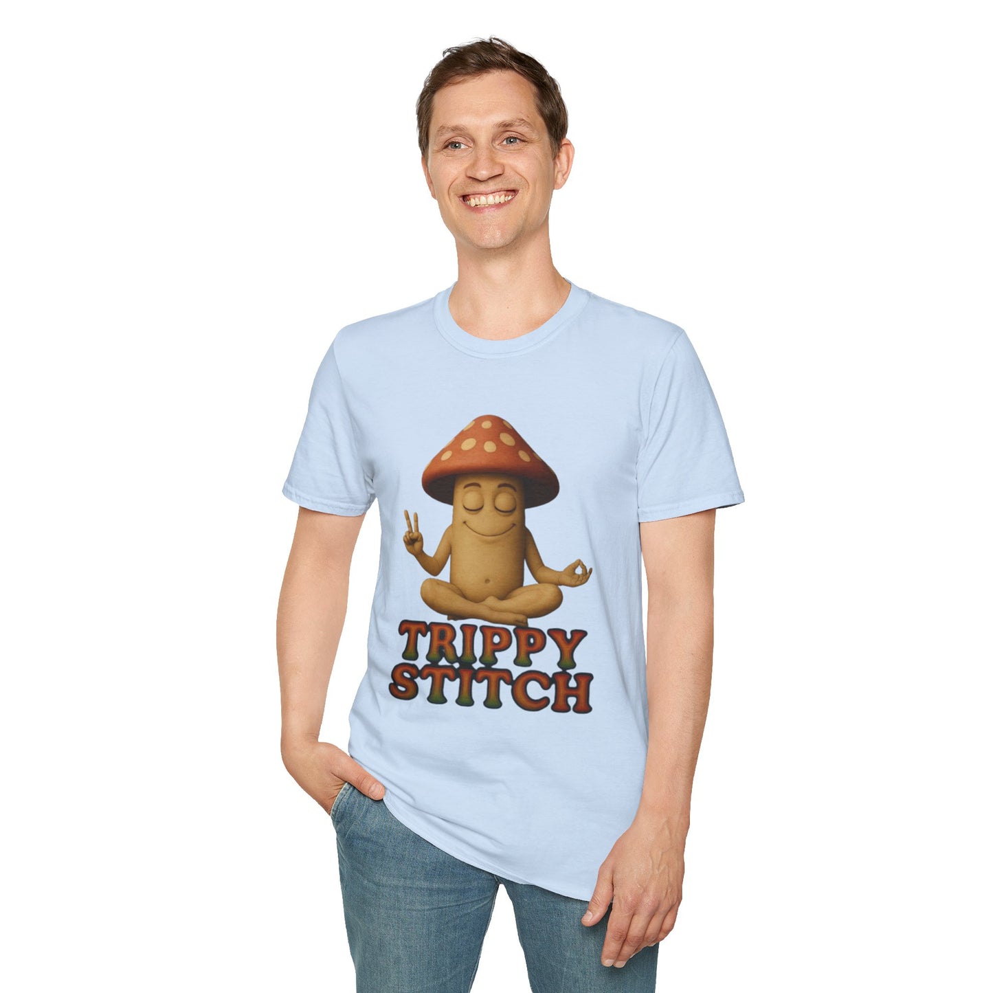 Mani the Mushroom T-Shirt - Unisex Softstyle Tee, Casual Humor Gift, Mindfulness Apparel, Trendy Streetwear, Unique Relaxed Wear