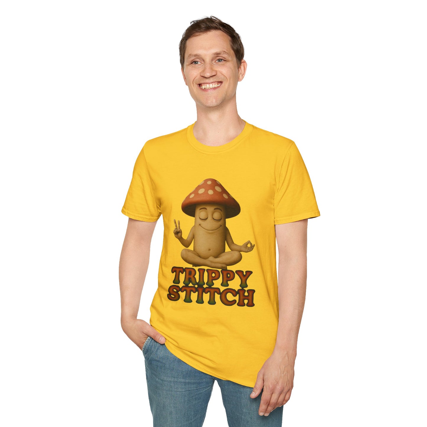 Mani the Mushroom T-Shirt - Unisex Softstyle Tee, Casual Humor Gift, Mindfulness Apparel, Trendy Streetwear, Unique Relaxed Wear