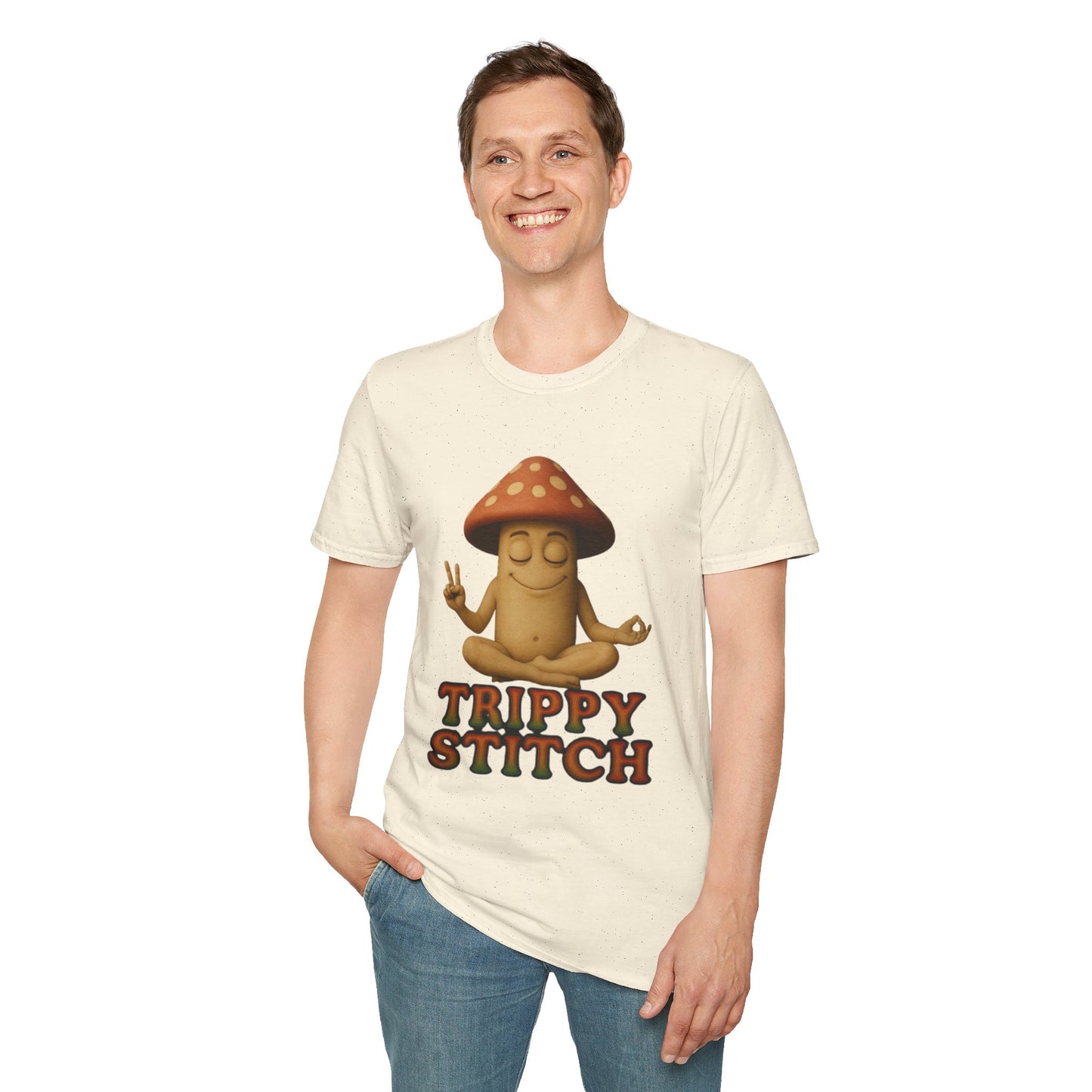 Mani the Mushroom T-Shirt - Unisex Softstyle Tee, Casual Humor Gift, Mindfulness Apparel, Trendy Streetwear, Unique Relaxed Wear