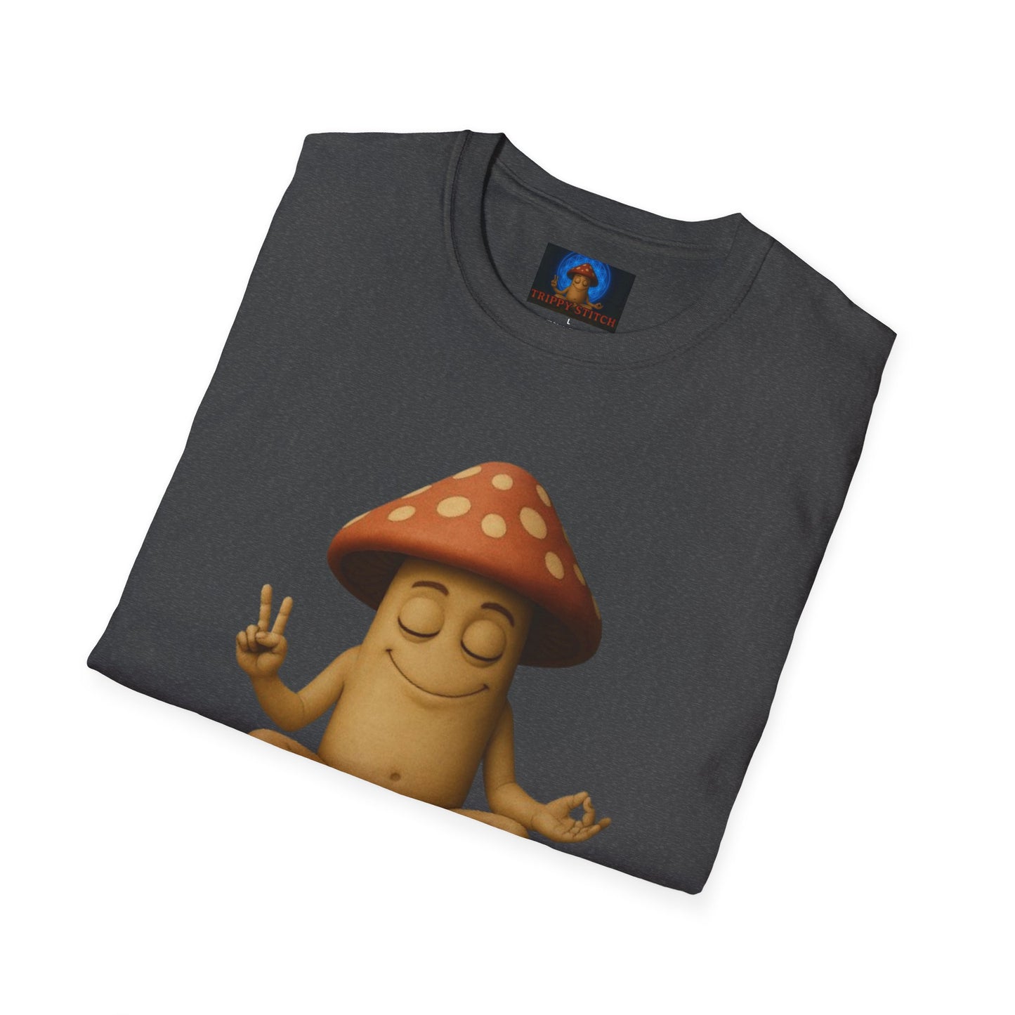Mani the Mushroom T-Shirt - Unisex Softstyle Tee, Casual Humor Gift, Mindfulness Apparel, Trendy Streetwear, Unique Relaxed Wear